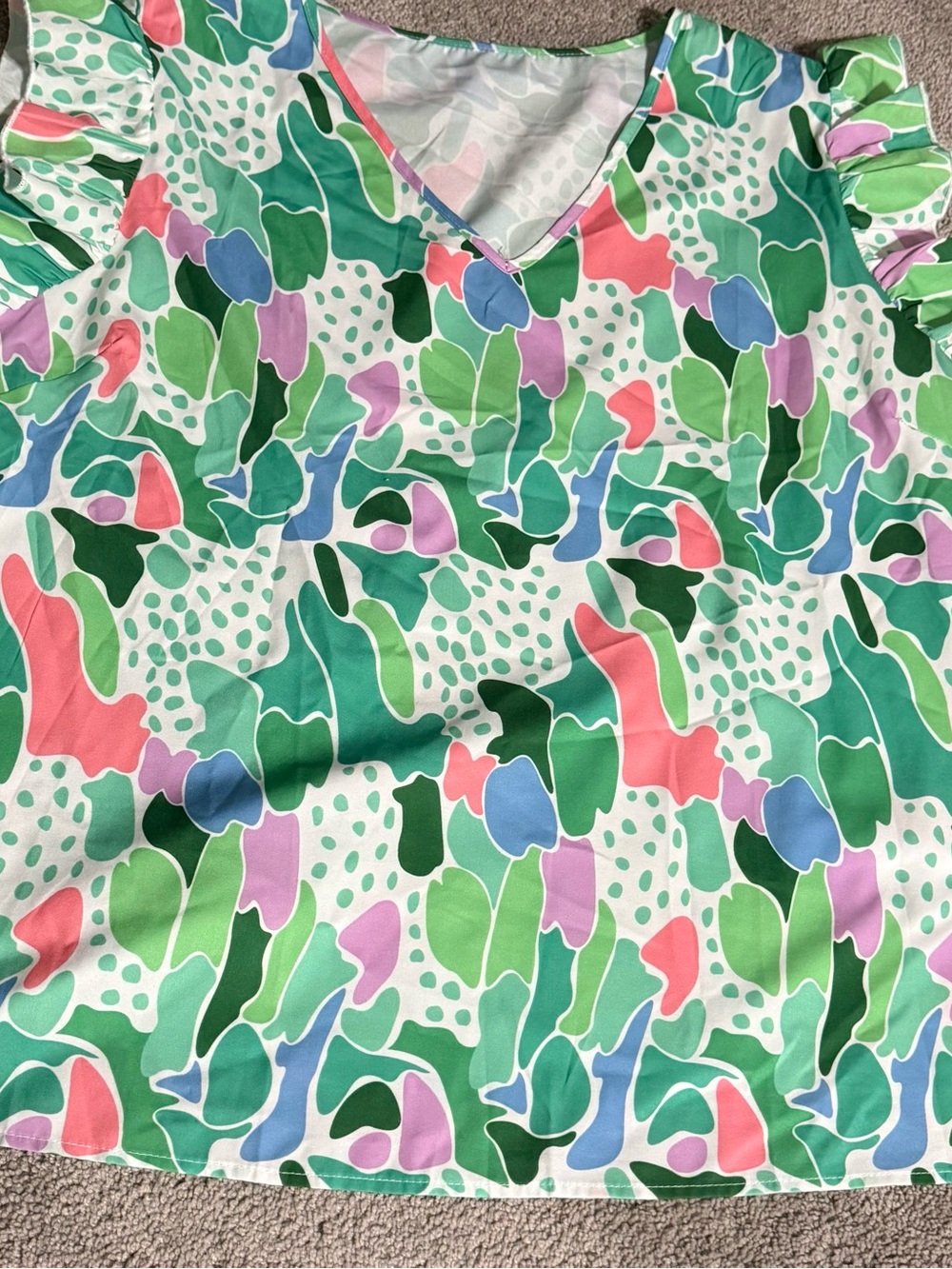 SHEIN Green Multi Abstract V-Neck Ruffle Sleeve top